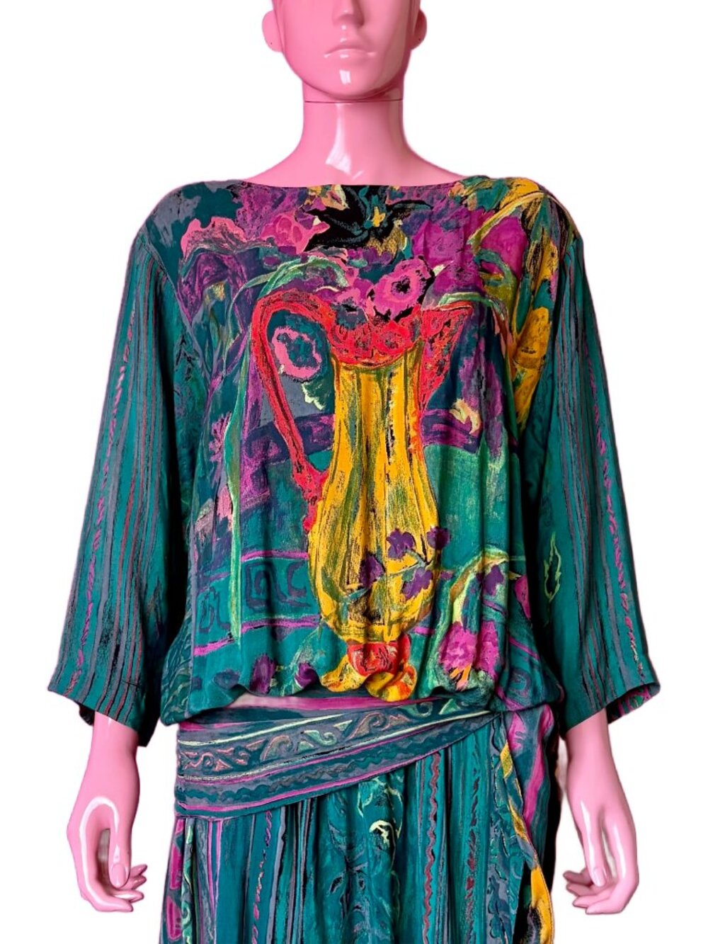 Vintage 80s 8 Midi Dress Dropwaist Teal Multi Abstract Floral Sash Long Sleeves